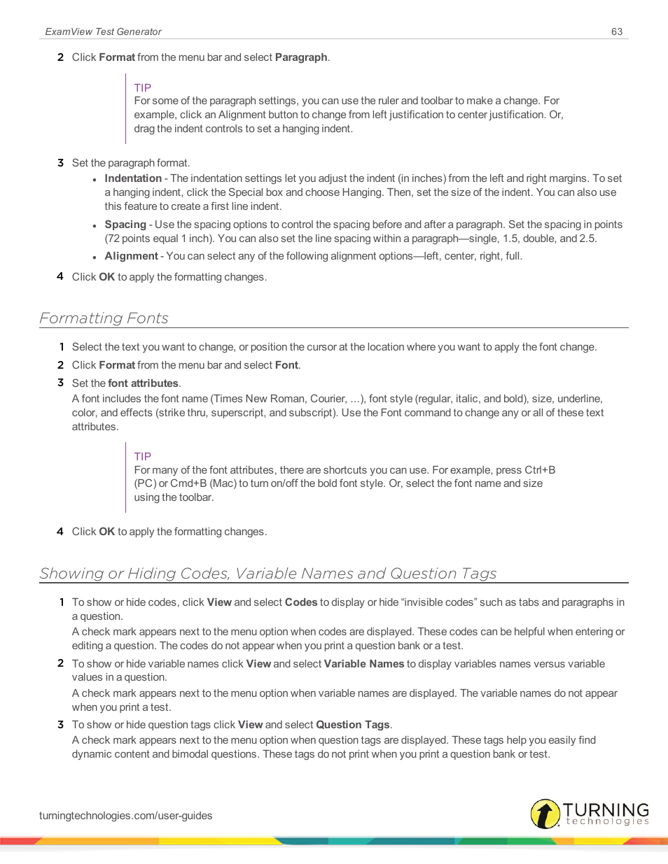 Formatting fonts | Turning Technologies ExamView User Manual | Page 63 / 190