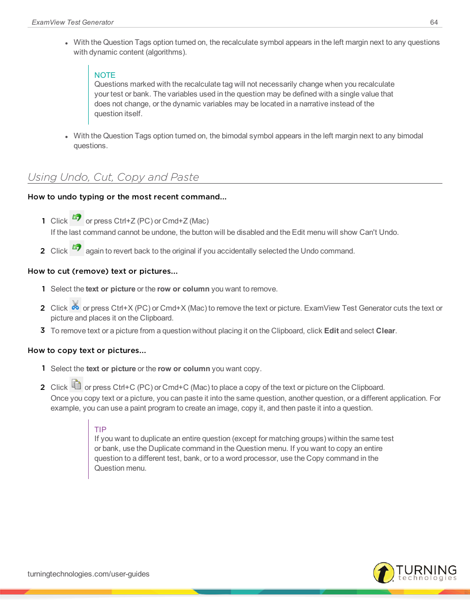 Using undo, cut, copy and paste | Turning Technologies ExamView User Manual | Page 64 / 190