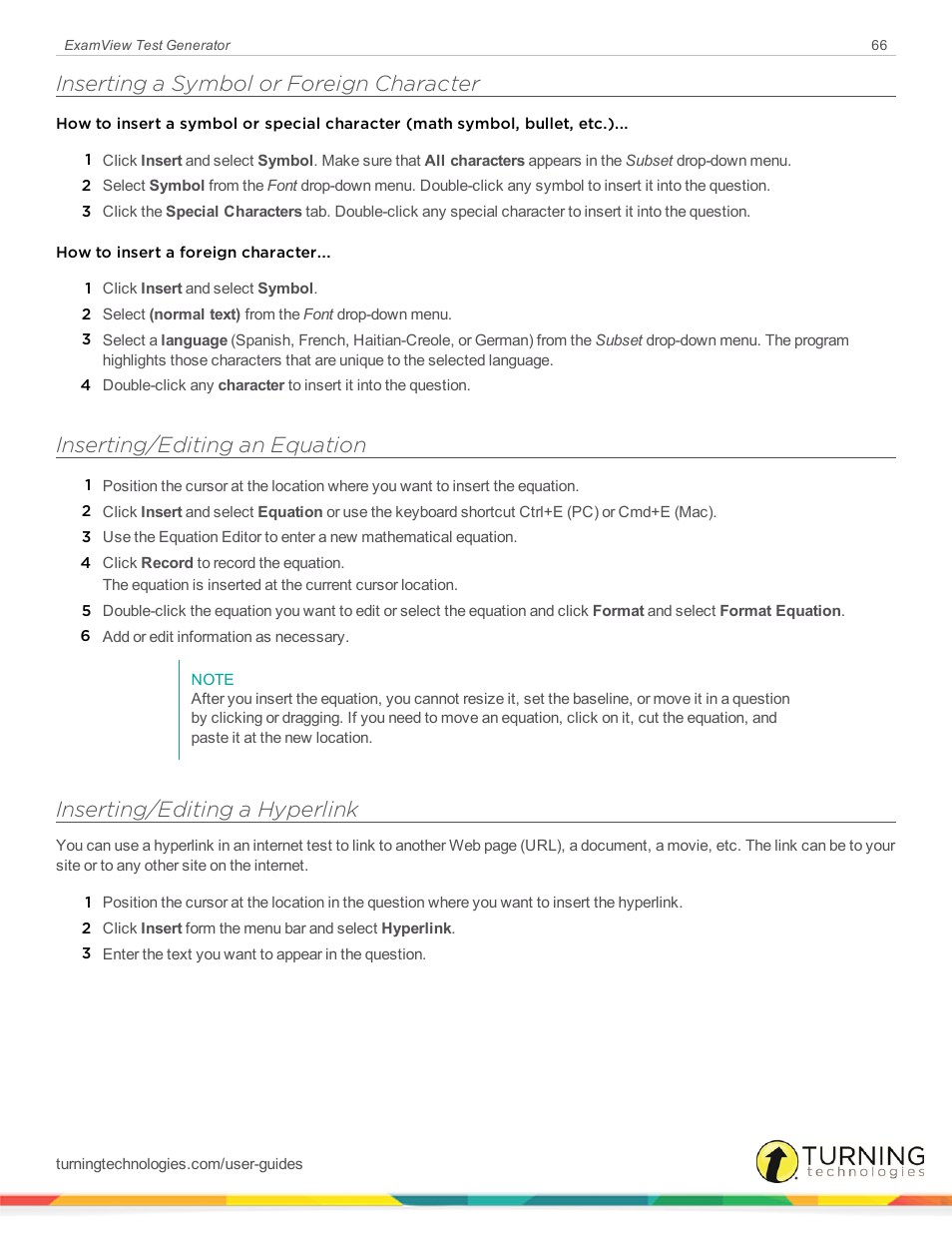 Inserting a symbol or foreign character, Inserting/editing an equation, Inserting/editing a hyperlink | Turning Technologies ExamView User Manual | Page 66 / 190
