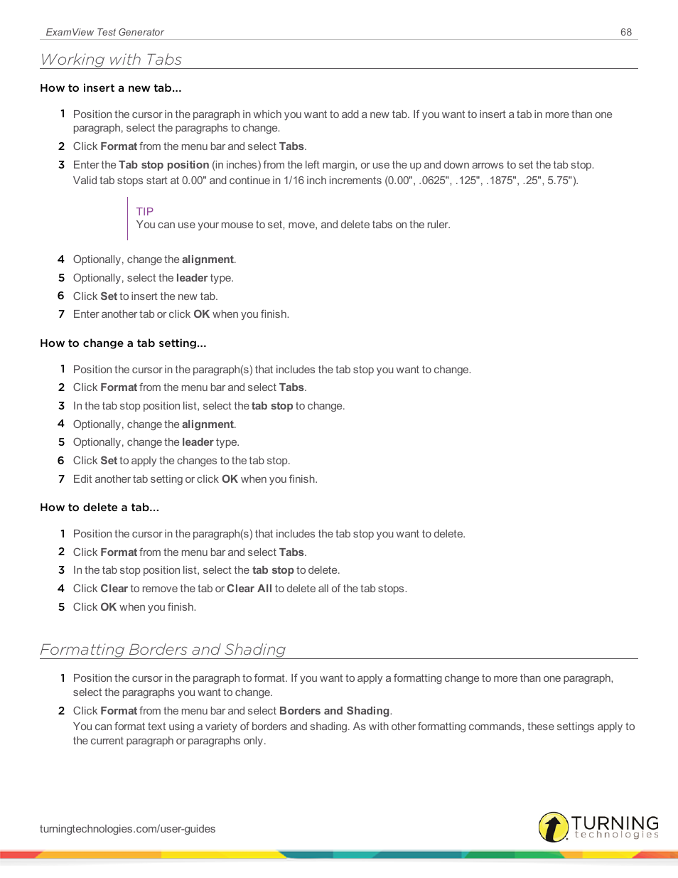 Working with tabs, Formatting borders and shading | Turning Technologies ExamView User Manual | Page 68 / 190