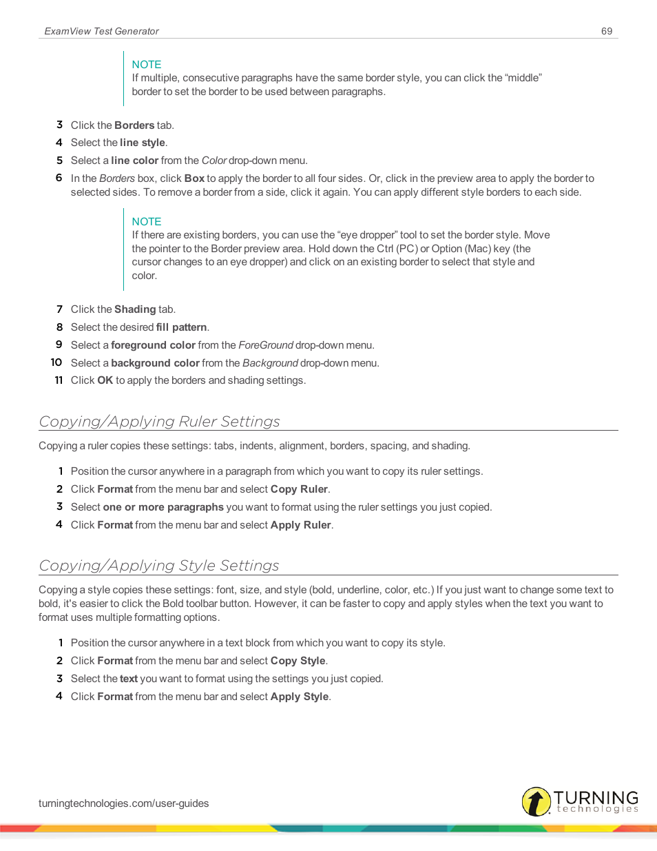 Copying/applying ruler settings, Copying/applying style settings | Turning Technologies ExamView User Manual | Page 69 / 190