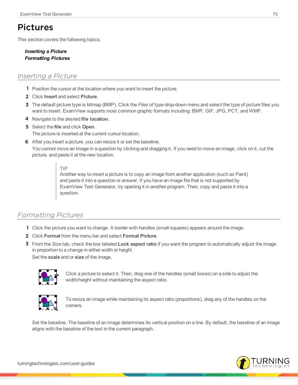 Pictures, Inserting a picture, Formatting pictures | Turning Technologies ExamView User Manual | Page 70 / 190