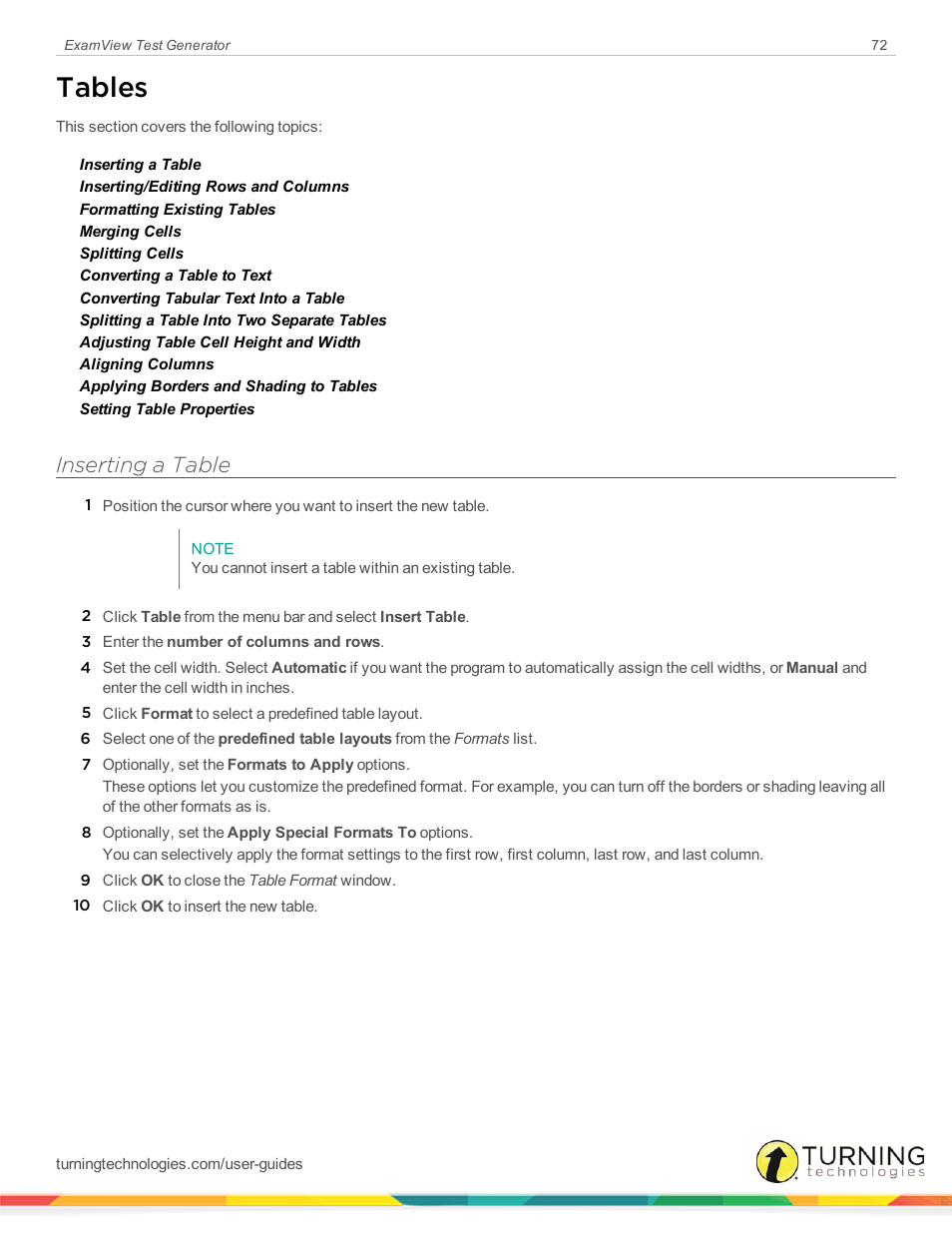 Tables, Inserting a table | Turning Technologies ExamView User Manual | Page 72 / 190