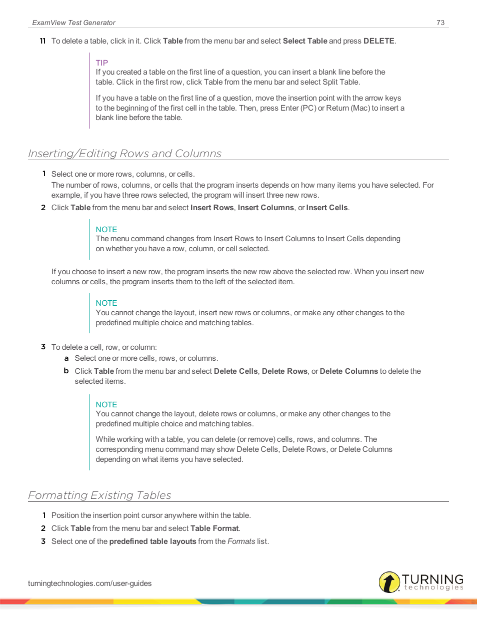 Inserting/editing rows and columns, Formatting existing tables | Turning Technologies ExamView User Manual | Page 73 / 190