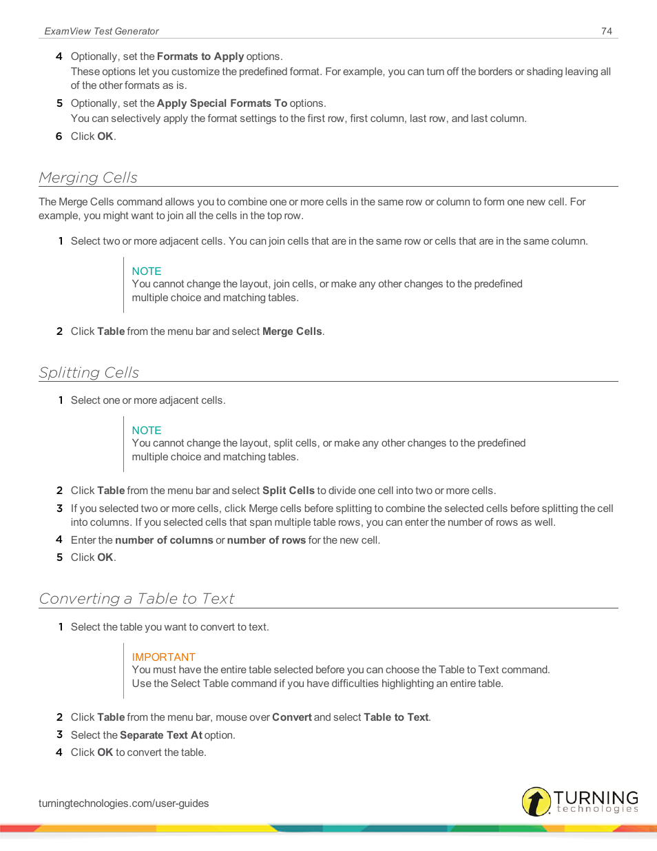 Merging cells, Splitting cells, Converting a table to text | Turning Technologies ExamView User Manual | Page 74 / 190