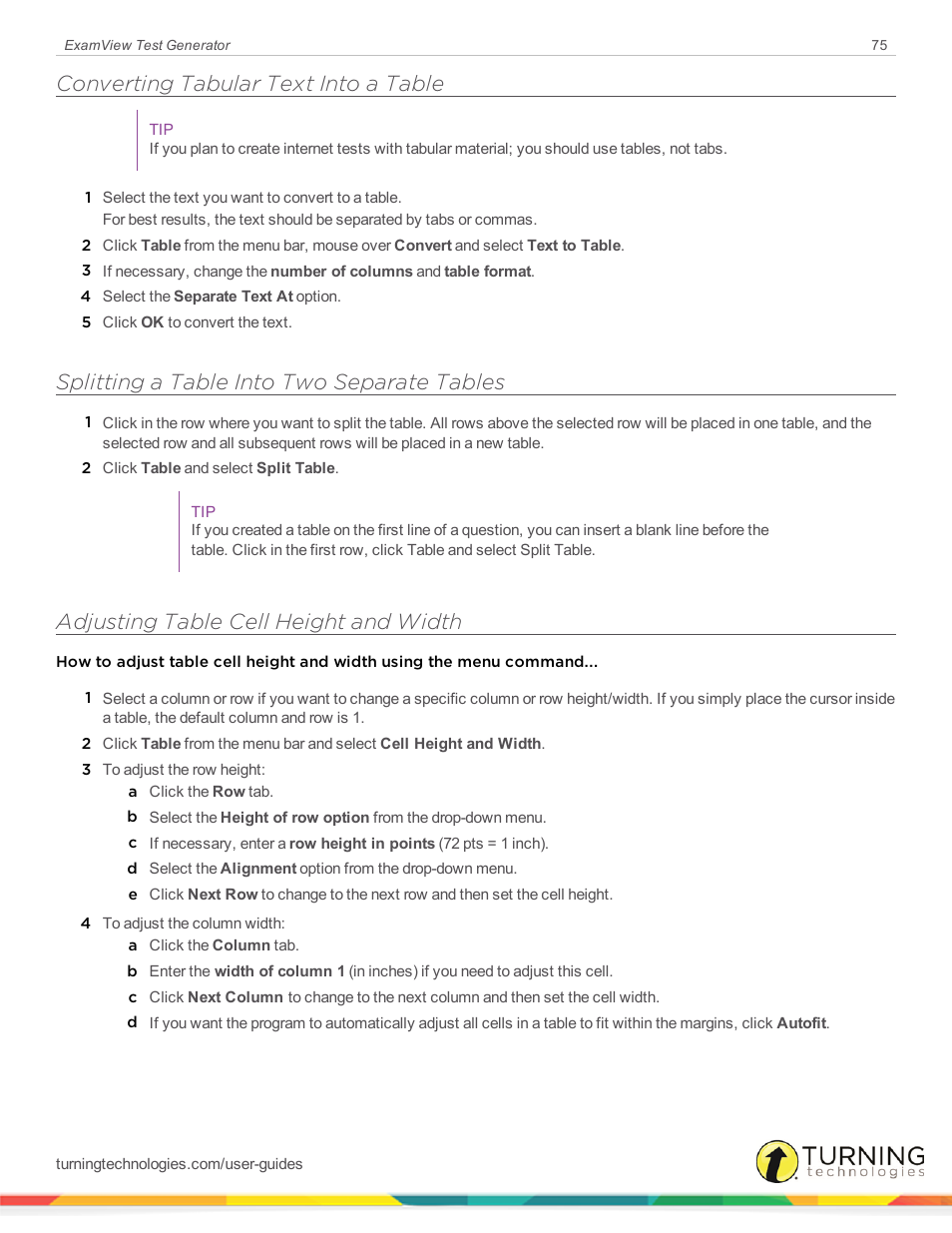 Converting tabular text into a table, Splitting a table into two separate tables, Adjusting table cell height and width | Turning Technologies ExamView User Manual | Page 75 / 190
