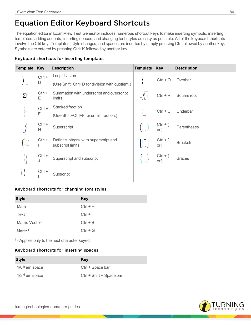 Equation editor keyboard shortcuts | Turning Technologies ExamView User Manual | Page 84 / 190