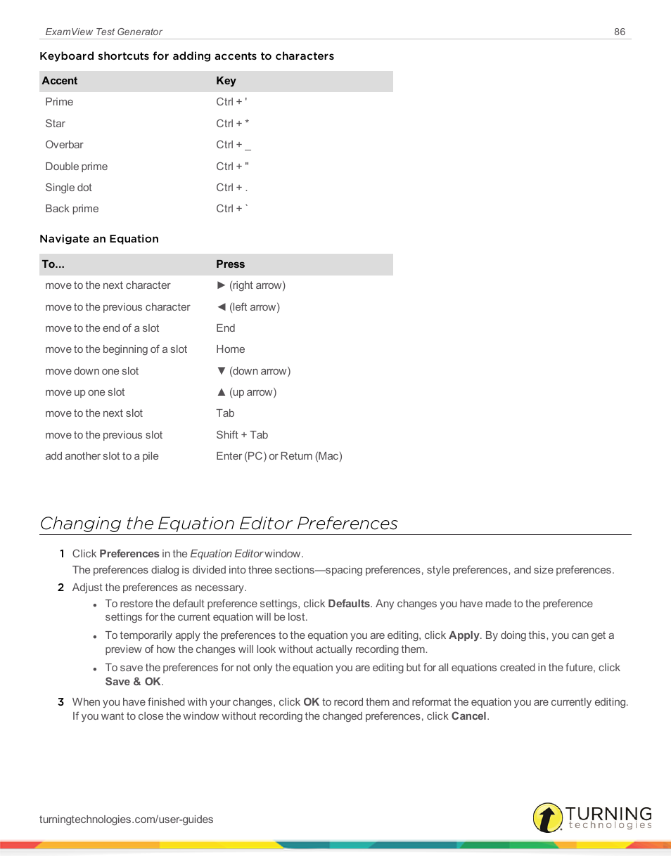 Changing the equation editor preferences | Turning Technologies ExamView User Manual | Page 86 / 190