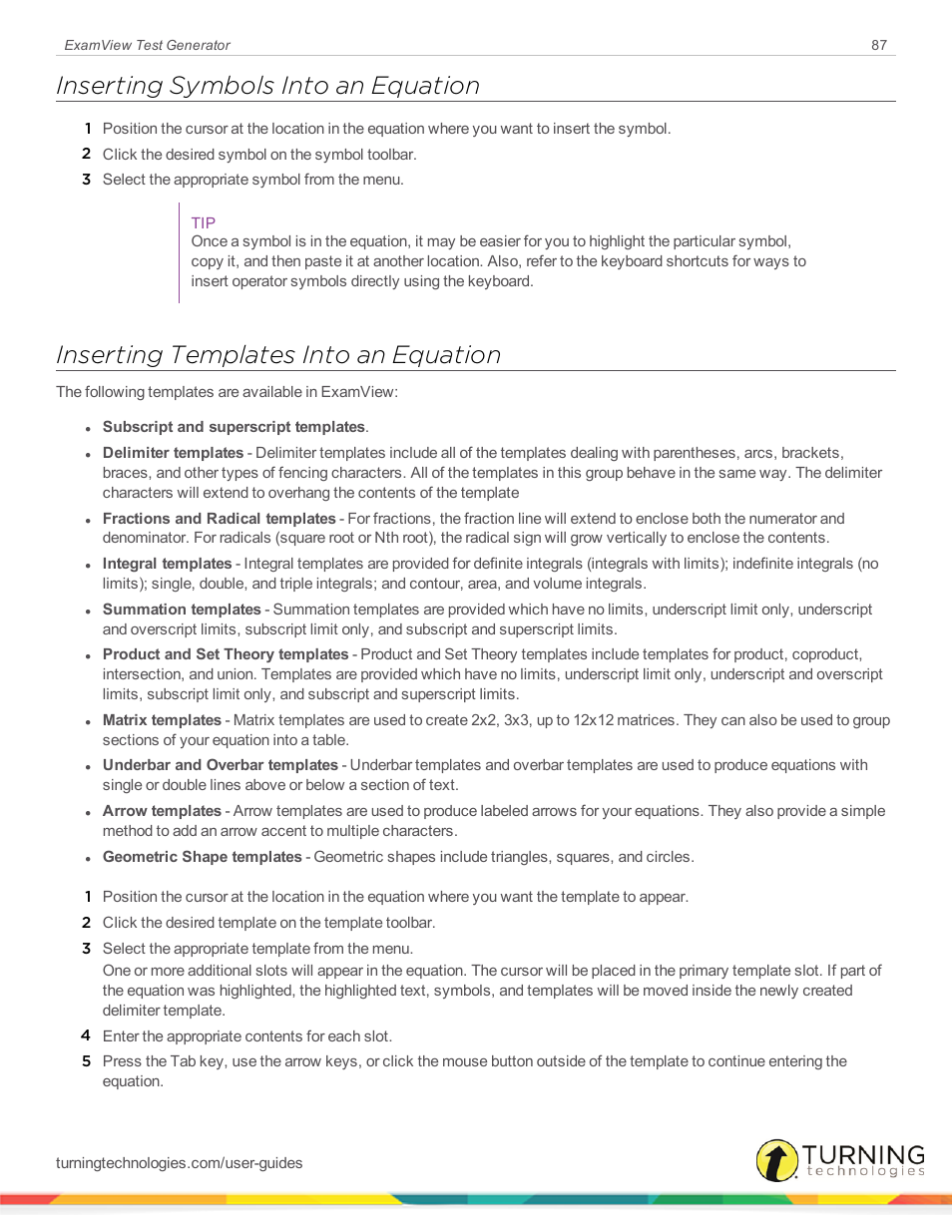 Inserting symbols into an equation, Inserting templates into an equation | Turning Technologies ExamView User Manual | Page 87 / 190