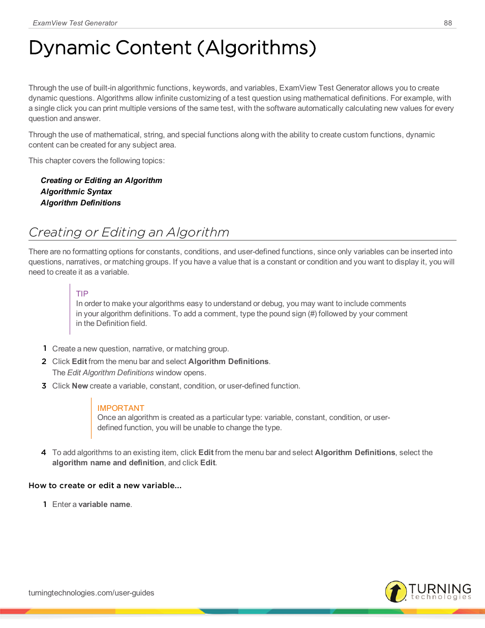 Dynamic content (algorithms), Creating or editing an algorithm | Turning Technologies ExamView User Manual | Page 88 / 190
