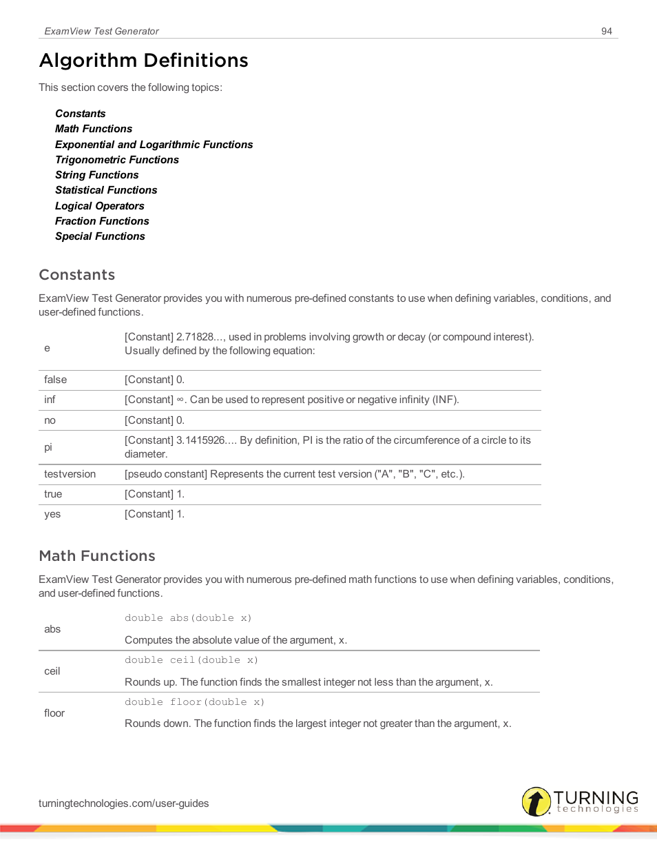 Algorithm definitions, Constants, Math functions | Turning Technologies ExamView User Manual | Page 94 / 190