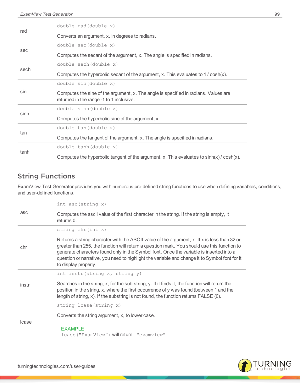 String functions | Turning Technologies ExamView User Manual | Page 99 / 190
