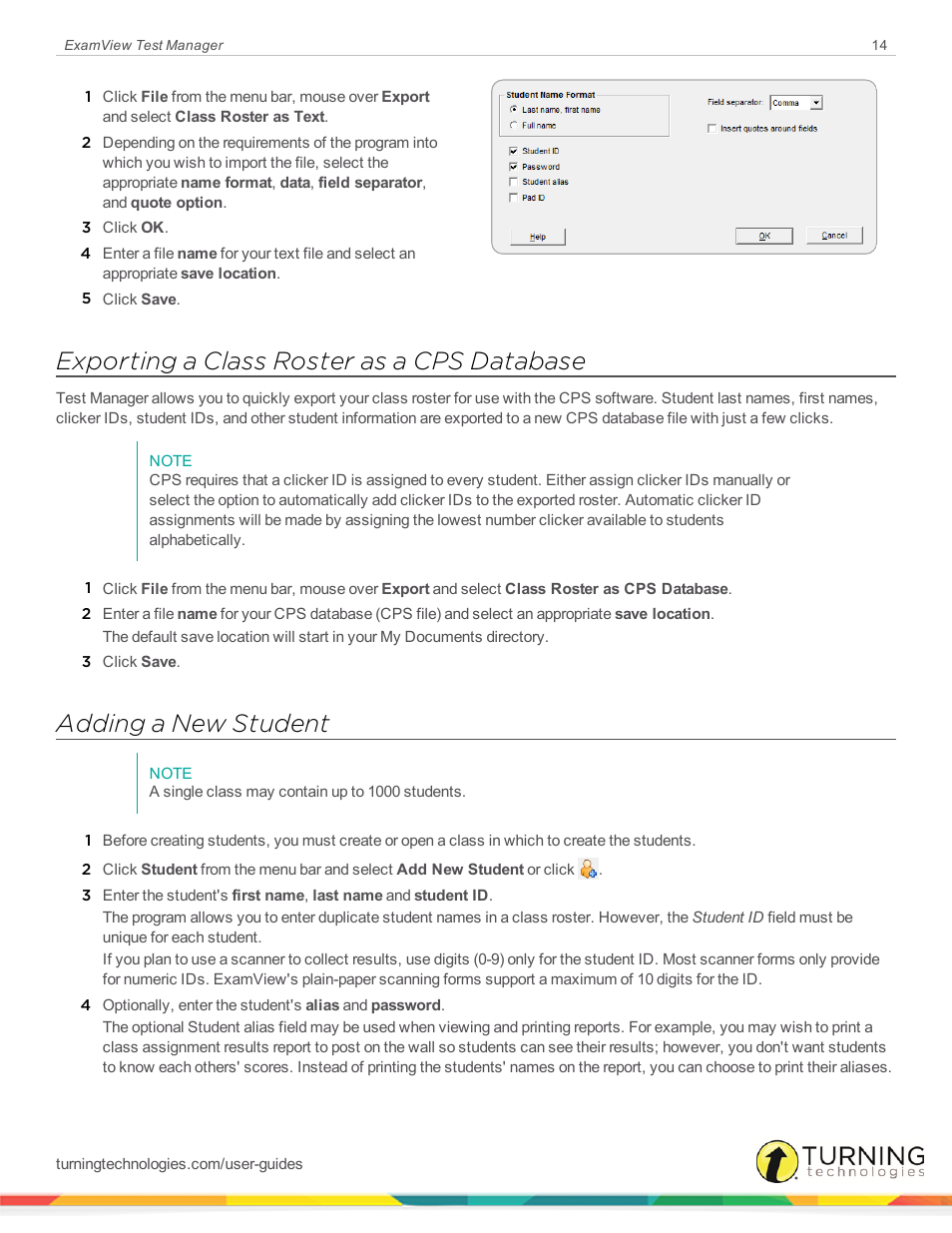 Exporting a class roster as a cps database, Adding a new student | Turning Technologies ExamView User Manual | Page 14 / 58