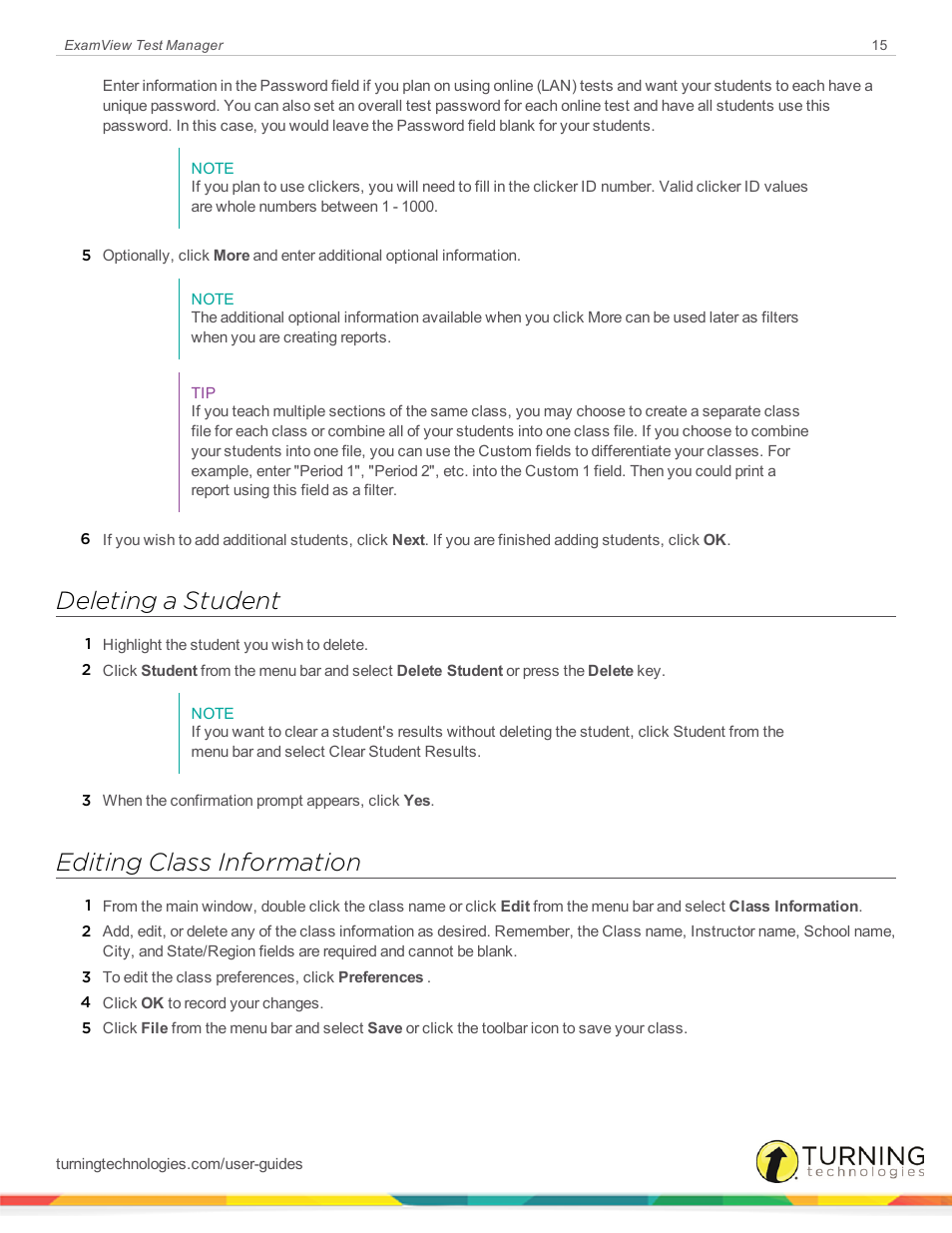 Deleting a student, Editing class information | Turning Technologies ExamView User Manual | Page 15 / 58