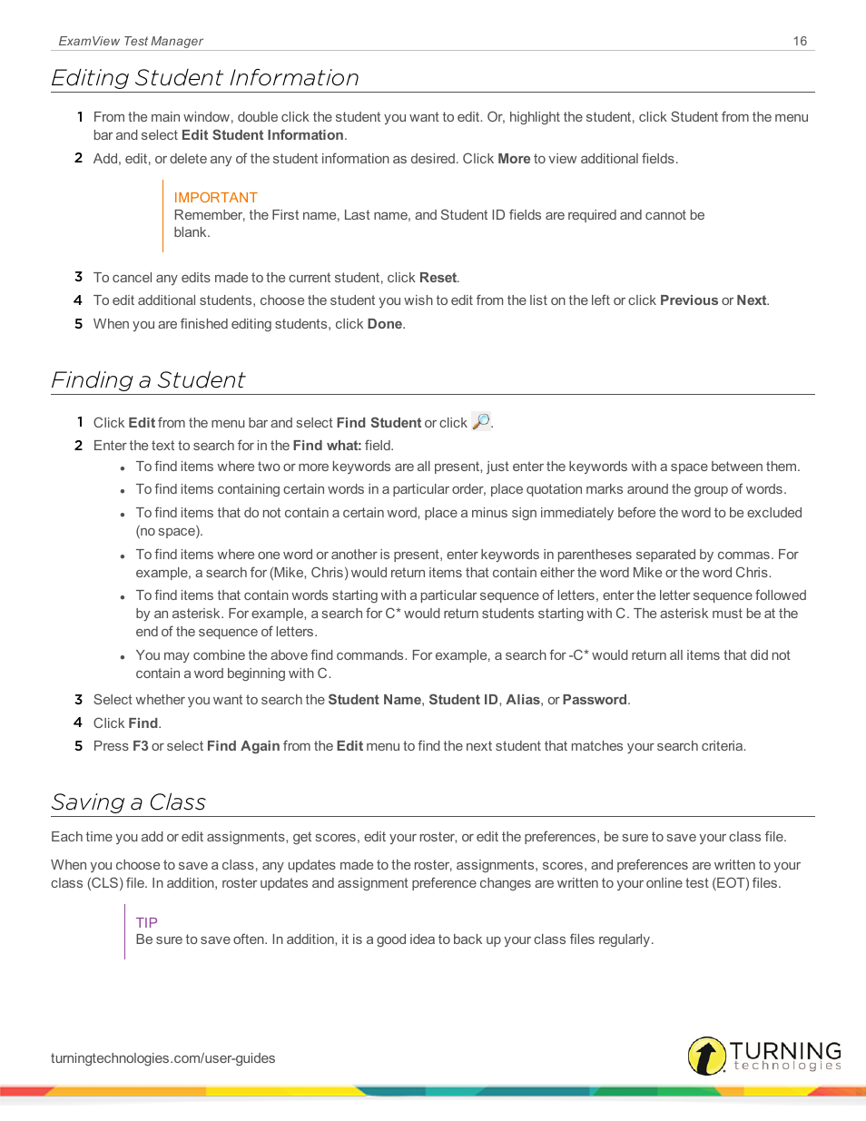 Editing student information, Finding a student, Saving a class | Turning Technologies ExamView User Manual | Page 16 / 58