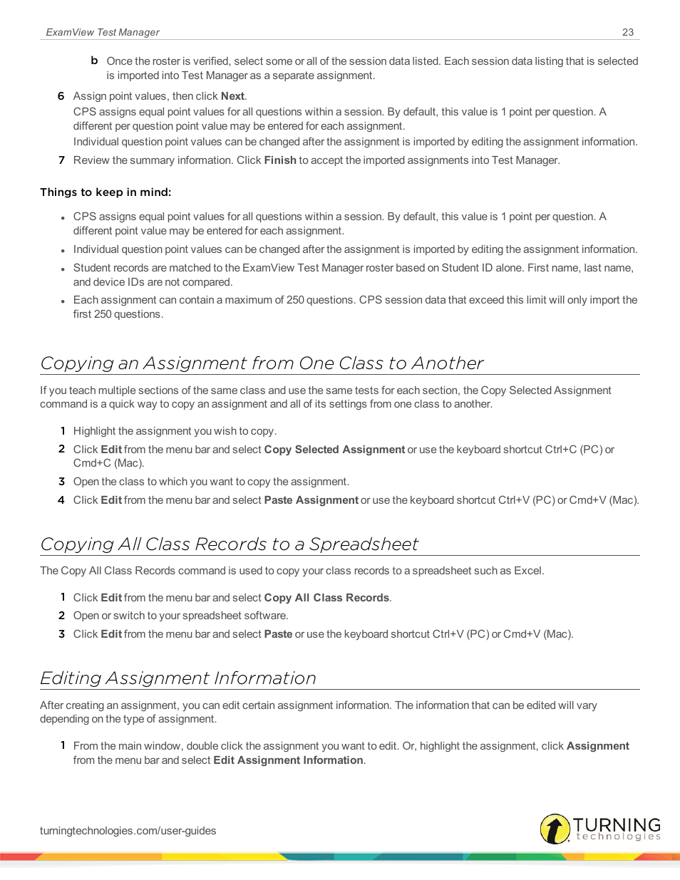 Copying an assignment from one class to another, Copying all class records to a spreadsheet, Editing assignment information | Turning Technologies ExamView User Manual | Page 23 / 58