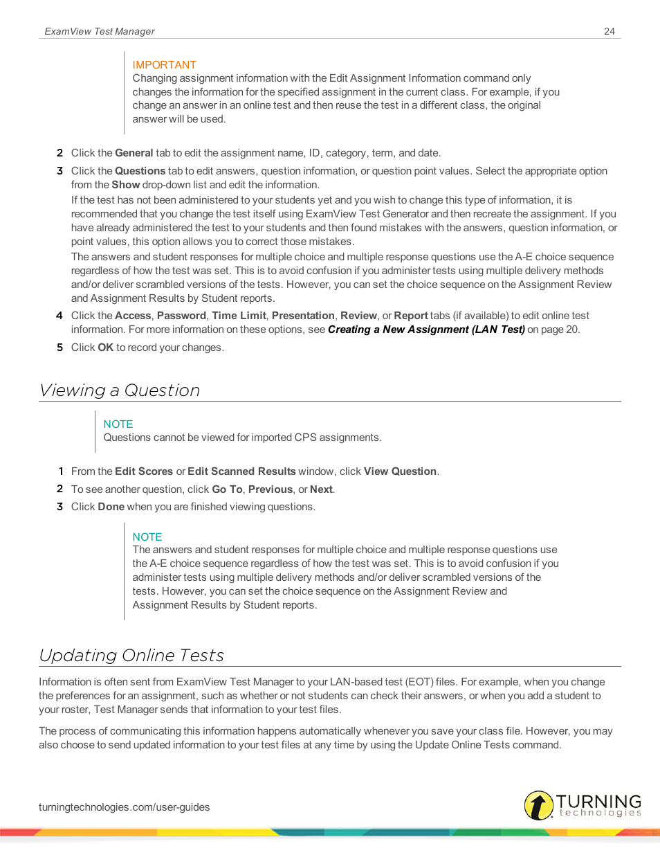 Viewing a question, Updating online tests | Turning Technologies ExamView User Manual | Page 24 / 58