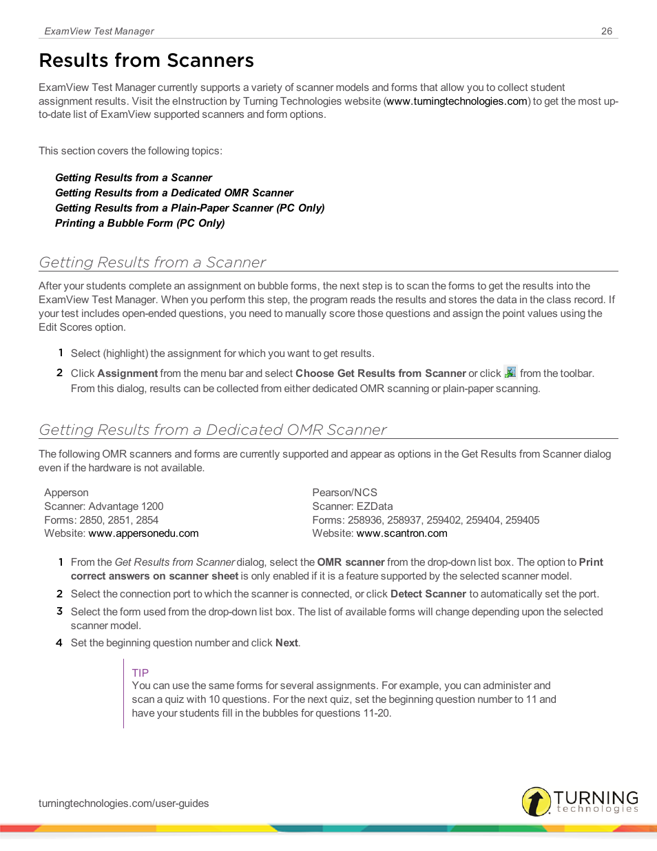 Results from scanners, Getting results from a scanner, Getting results from a dedicated omr scanner | Turning Technologies ExamView User Manual | Page 26 / 58