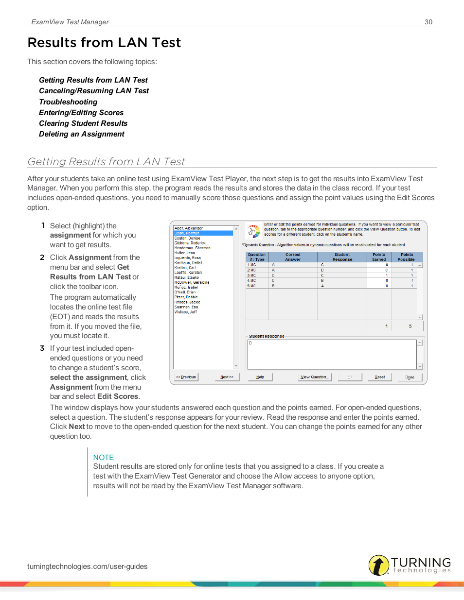 Results from lan test, Getting results from lan test | Turning Technologies ExamView User Manual | Page 30 / 58