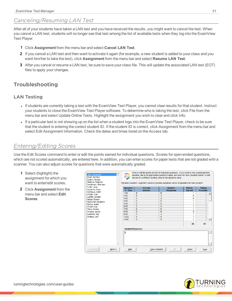 Canceling/resuming lan test, Troubleshooting, Lan testing | Entering/editing scores | Turning Technologies ExamView User Manual | Page 31 / 58