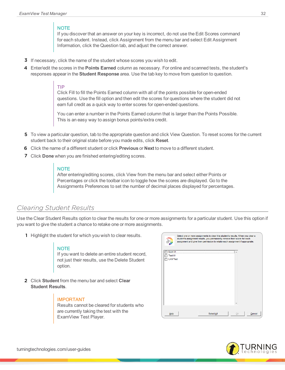 Clearing student results | Turning Technologies ExamView User Manual | Page 32 / 58