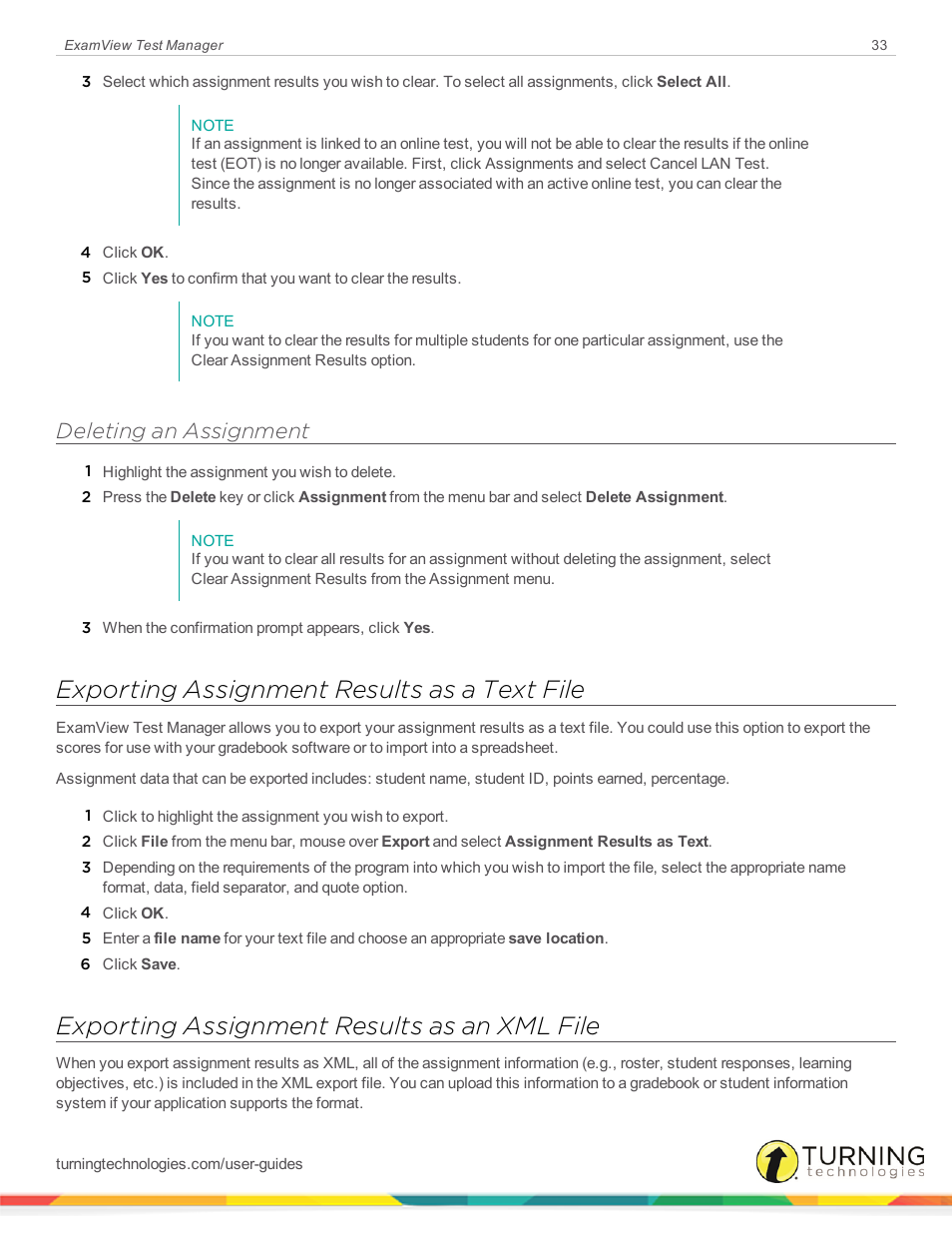 Deleting an assignment, Exporting assignment results as a text file, Exporting assignment results as an xml file | Turning Technologies ExamView User Manual | Page 33 / 58