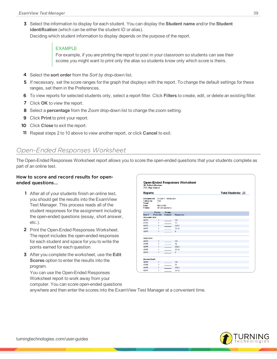 Open-ended responses worksheet | Turning Technologies ExamView User Manual | Page 39 / 58