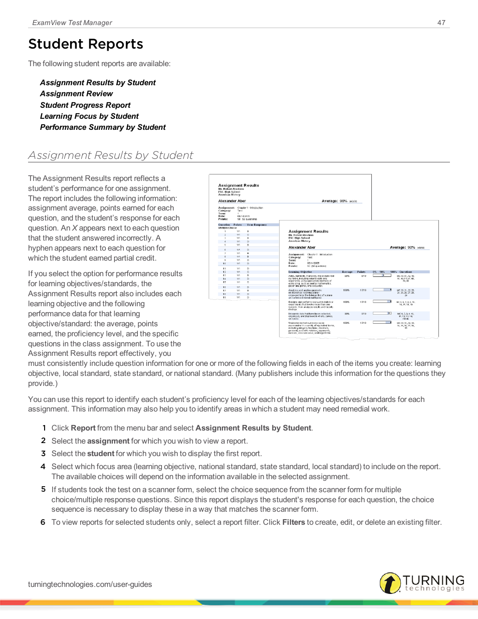 Student reports, Assignment results by student | Turning Technologies ExamView User Manual | Page 47 / 58