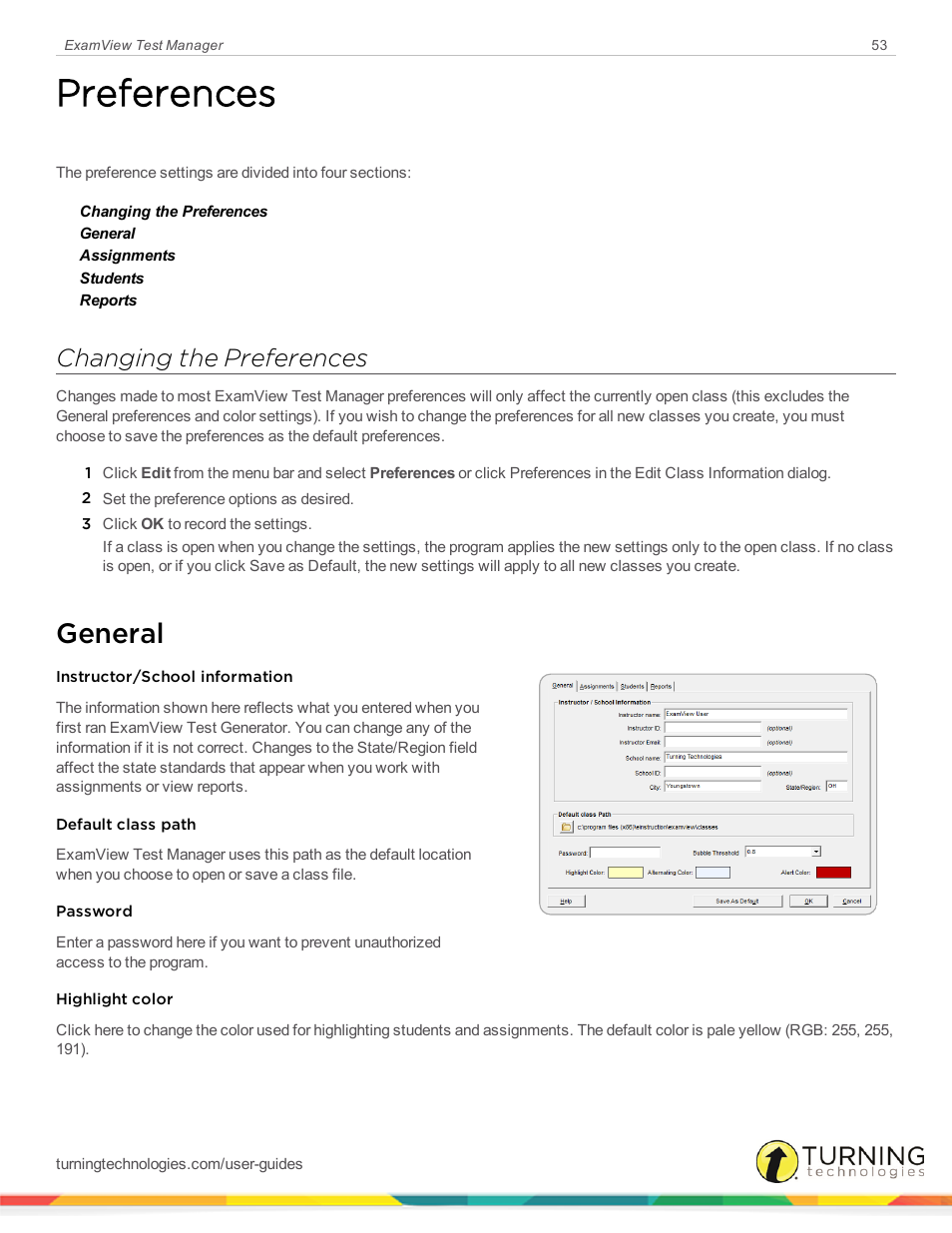 Preferences, Changing the preferences, General | Turning Technologies ExamView User Manual | Page 53 / 58