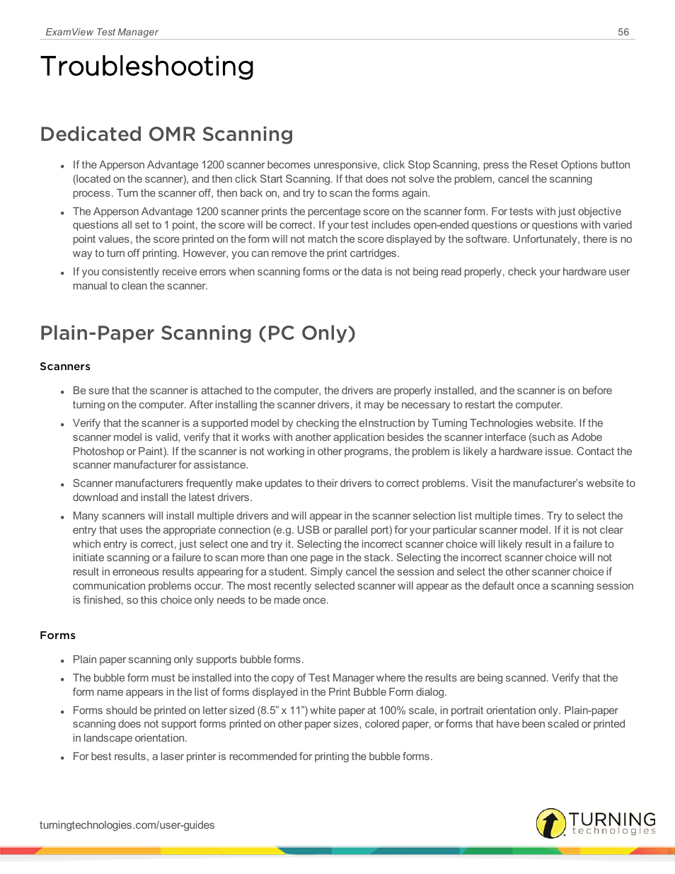 Troubleshooting, Dedicated omr scanning, Plain-paper scanning (pc only) | Turning Technologies ExamView User Manual | Page 56 / 58