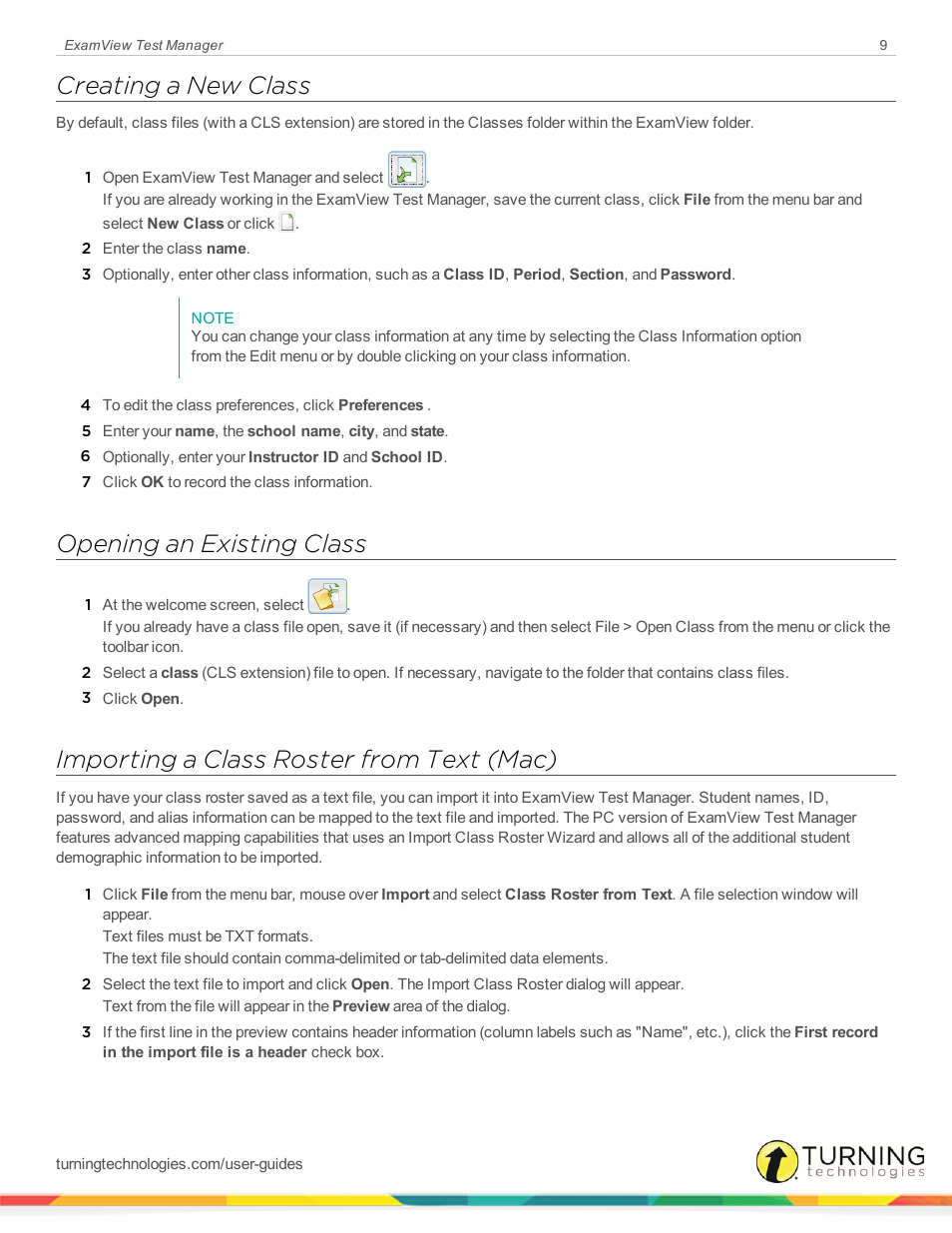 Creating a new class, Opening an existing class, Importing a class roster from text (mac) | Turning Technologies ExamView User Manual | Page 9 / 58