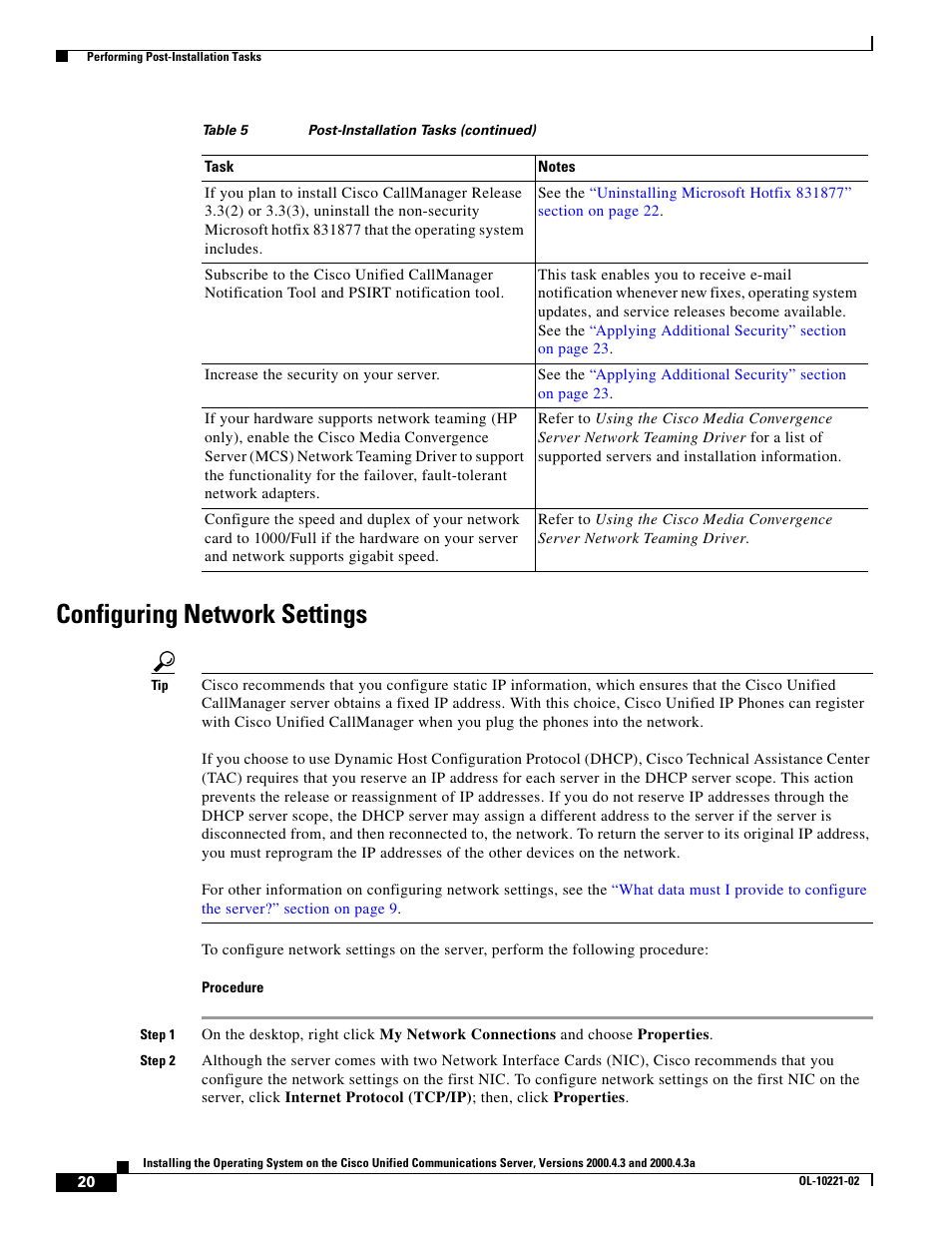 Configuring network settings, Perfo, Configuring network settings” section | Cisco Cisco Unified Communications Server 2000.4.3a User Manual | Page 20 / 38