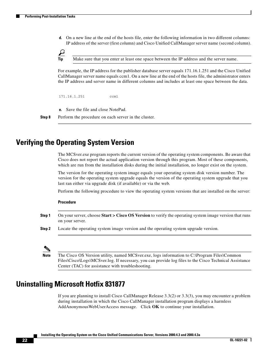 Verifying the operating system version, Uninstalling microsoft hotfix 831877 | Cisco Cisco Unified Communications Server 2000.4.3a User Manual | Page 22 / 38
