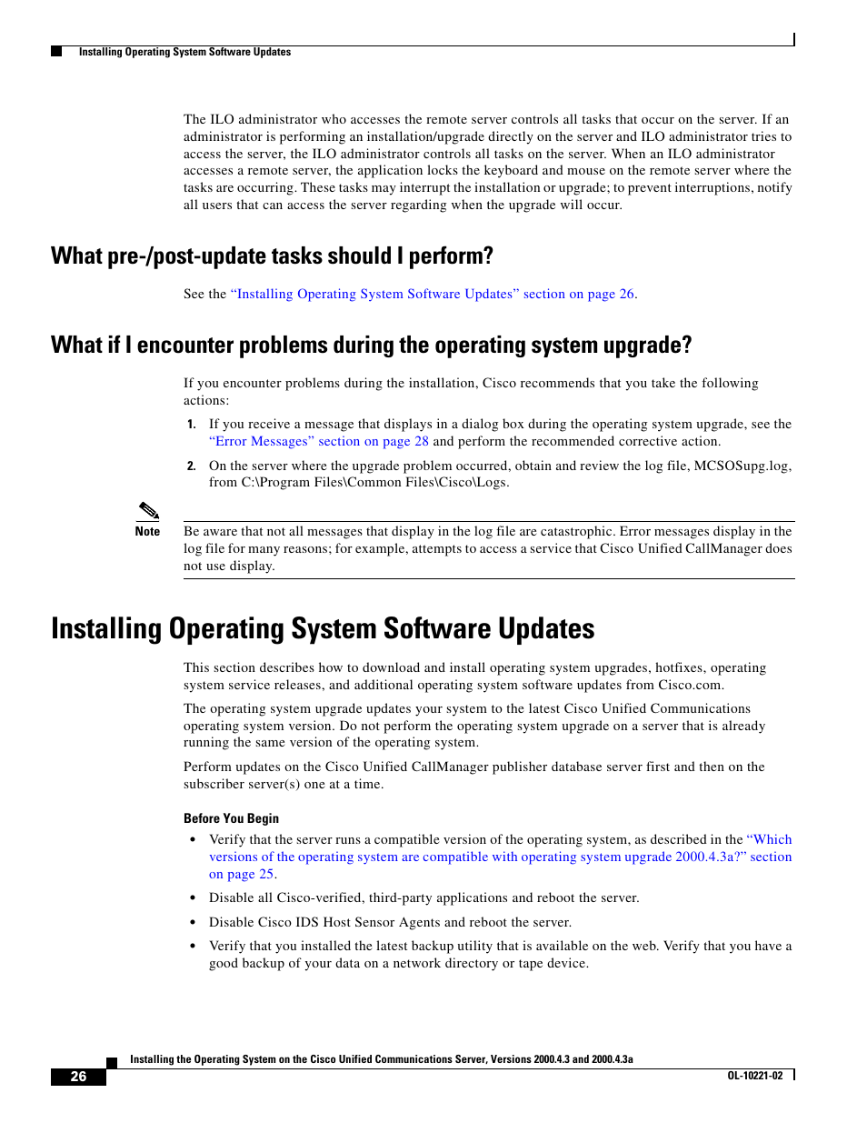 What pre-/post-update tasks should i perform, Installing operating system software updates, Installing operating | Cisco Cisco Unified Communications Server 2000.4.3a User Manual | Page 26 / 38