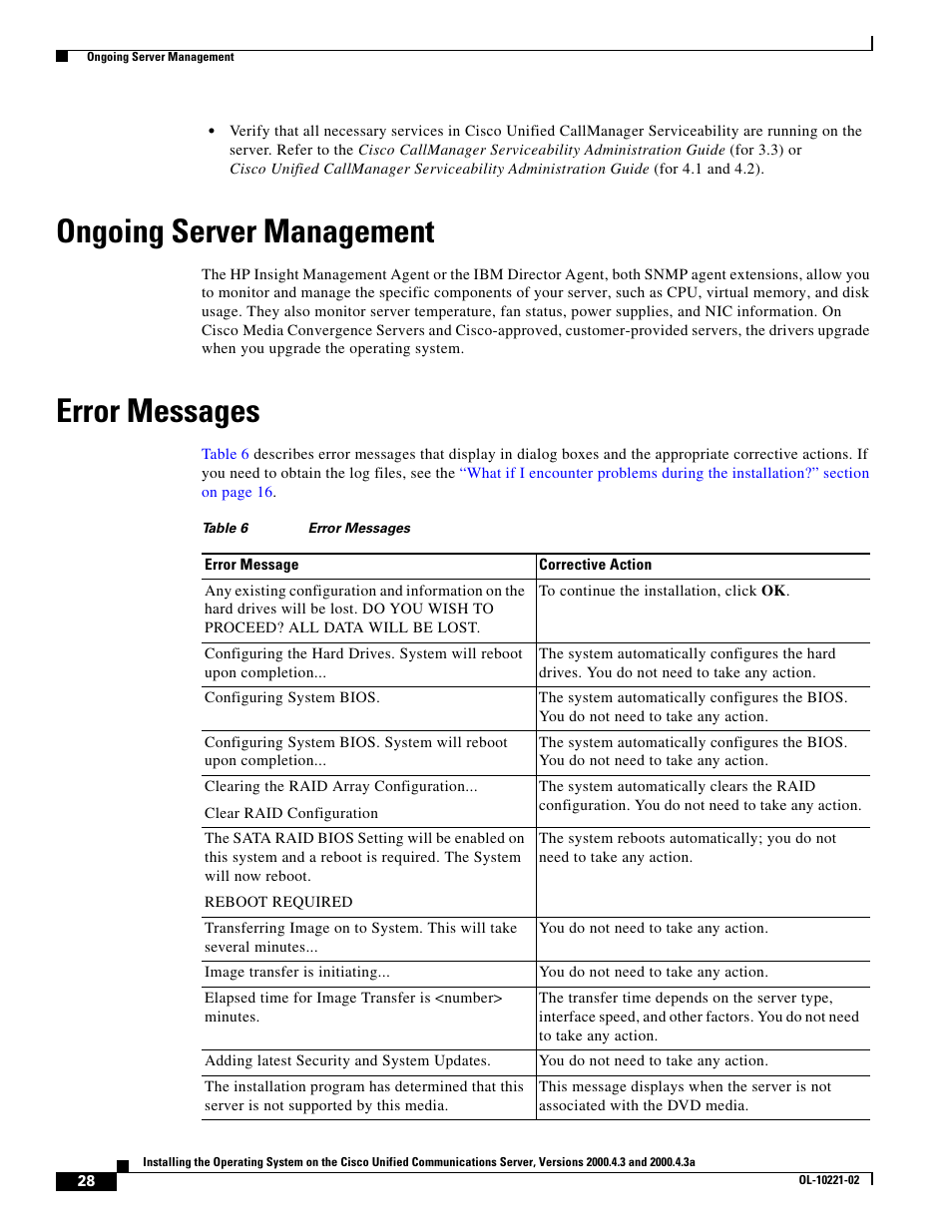 Ongoing server management, Error messages, Error | And perform the recommende | Cisco Cisco Unified Communications Server 2000.4.3a User Manual | Page 28 / 38