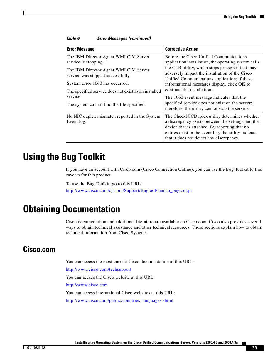 Using the bug toolkit, Obtaining documentation, Cisco.com | Cisco Cisco Unified Communications Server 2000.4.3a User Manual | Page 33 / 38
