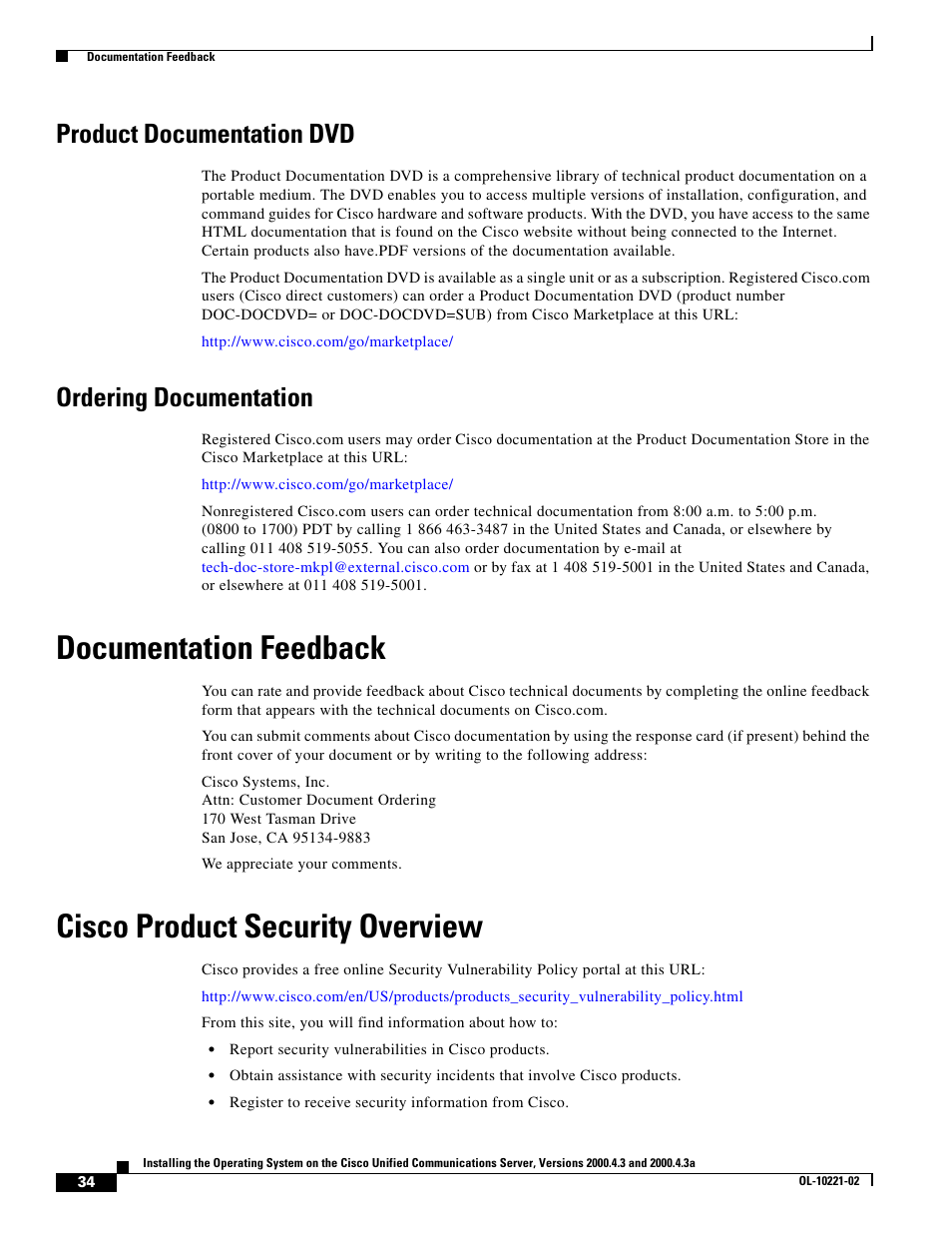 Product documentation dvd, Ordering documentation, Documentation feedback | Cisco product security overview | Cisco Cisco Unified Communications Server 2000.4.3a User Manual | Page 34 / 38