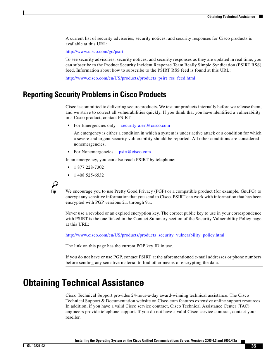 Reporting security problems in cisco products, Obtaining technical assistance | Cisco Cisco Unified Communications Server 2000.4.3a User Manual | Page 35 / 38