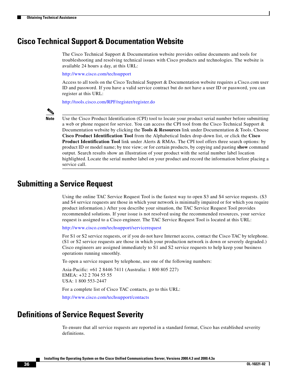 Cisco technical support & documentation website, Submitting a service request, Definitions of service request severity | Cisco Cisco Unified Communications Server 2000.4.3a User Manual | Page 36 / 38