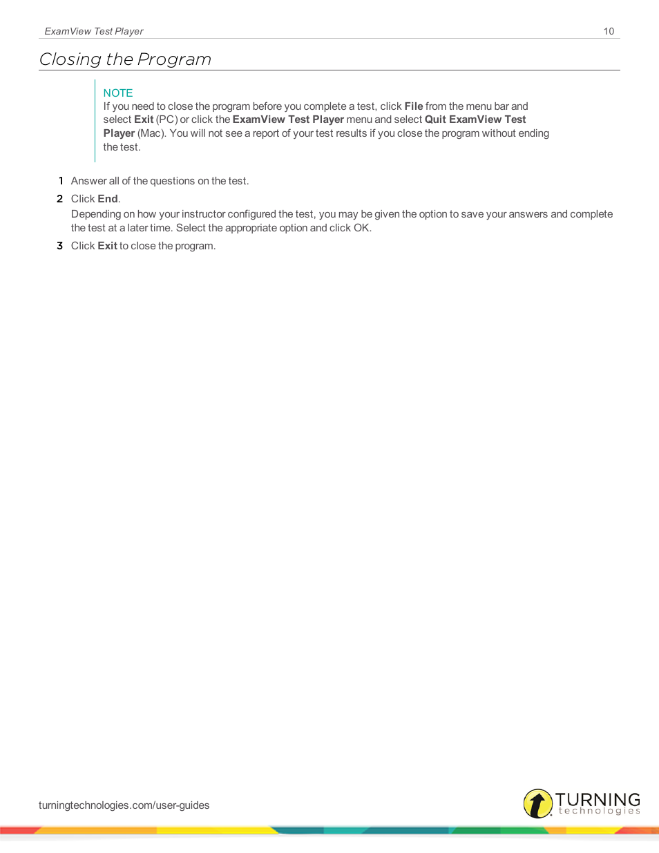 Closing the program | Turning Technologies ExamView User Manual | Page 10 / 15