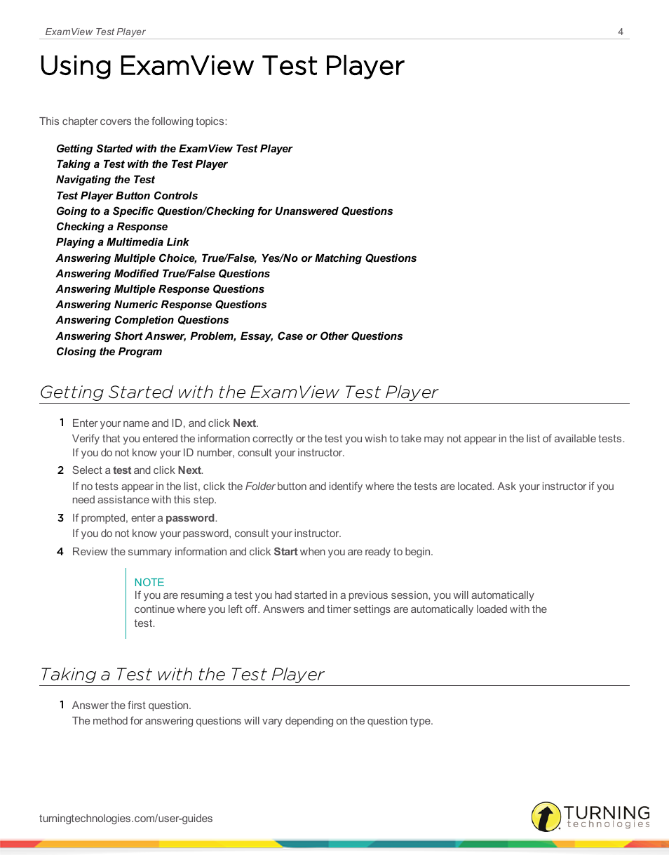 Using examview test player, Getting started with the examview test player, Taking a test with the test player | Turning Technologies ExamView User Manual | Page 4 / 15