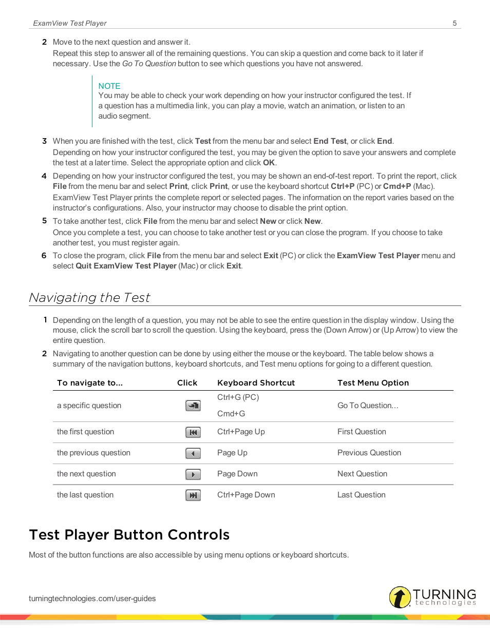 Navigating the test, Test player button controls | Turning Technologies ExamView User Manual | Page 5 / 15