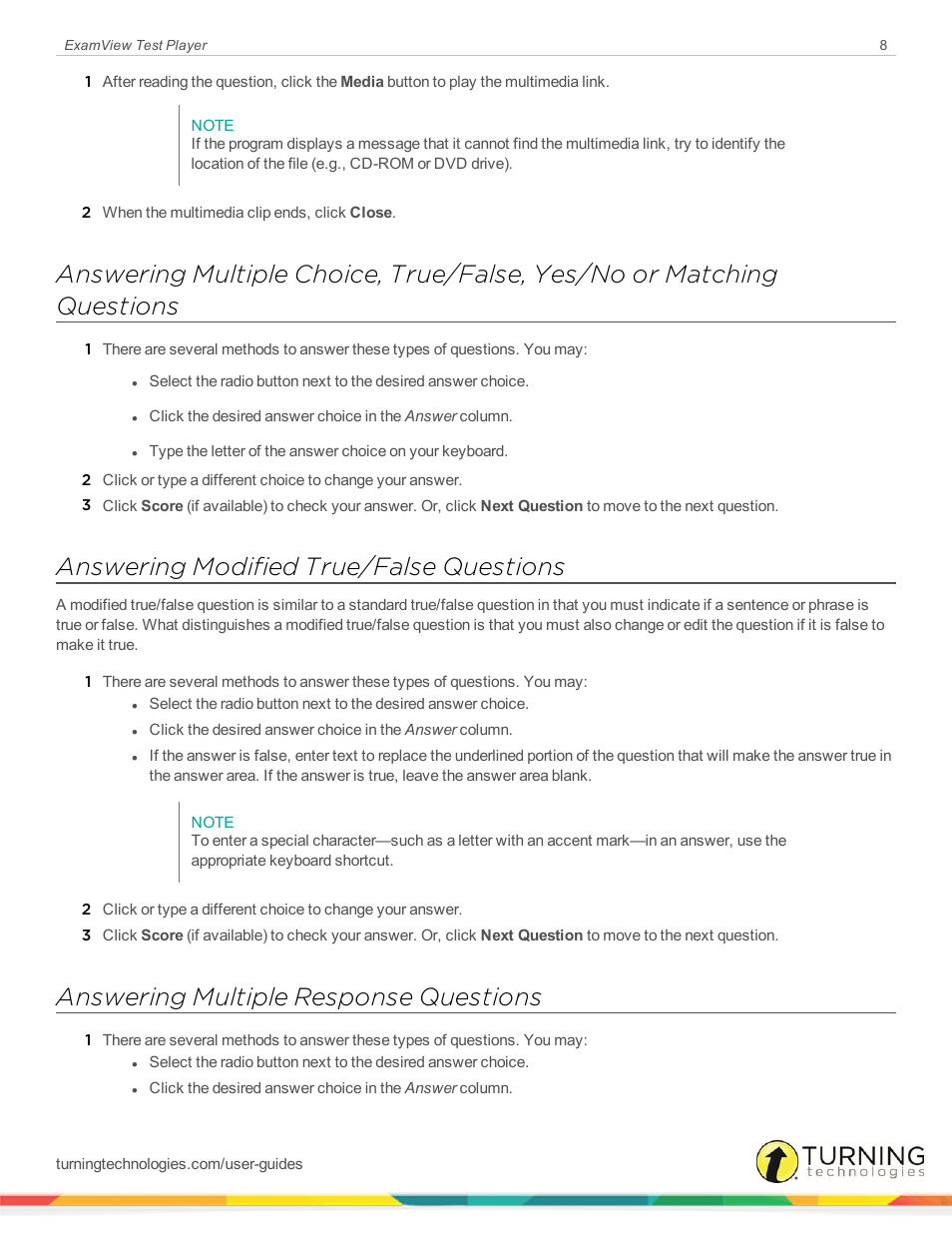 Answering modified true/false questions, Answering multiple response questions | Turning Technologies ExamView User Manual | Page 8 / 15