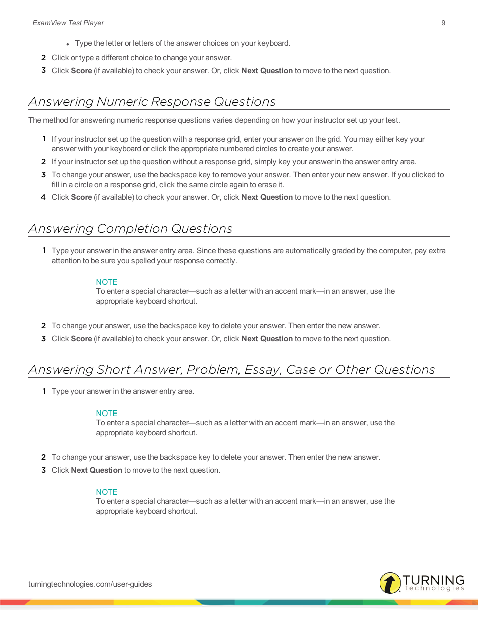 Answering numeric response questions, Answering completion questions | Turning Technologies ExamView User Manual | Page 9 / 15