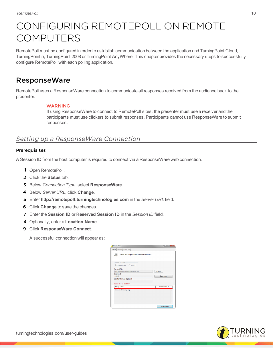 Configuring remotepoll on remote computers, Responseware, Setting up a responseware connection | Turning Technologies RemotePoll User Manual | Page 10 / 20