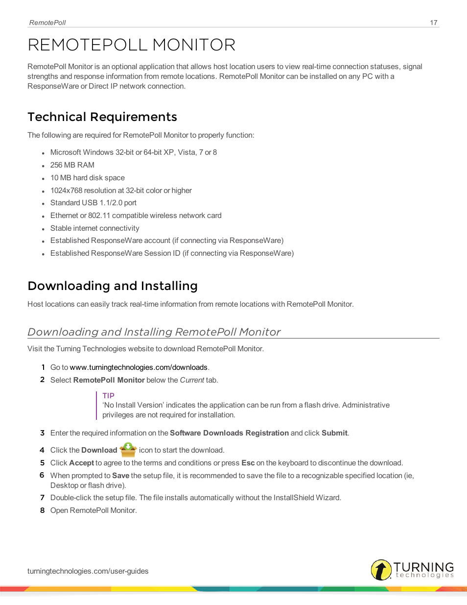 Remotepoll monitor, Technical requirements, Downloading and installing | Downloading and installing remotepoll monitor | Turning Technologies RemotePoll User Manual | Page 17 / 20