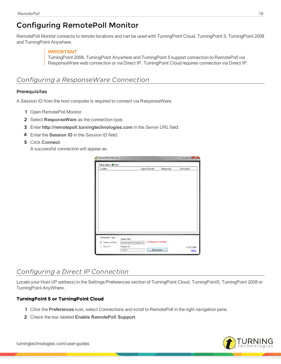 Configuring remotepoll monitor, Configuring a responseware connection, Configuring a direct ip connection | Turning Technologies RemotePoll User Manual | Page 18 / 20