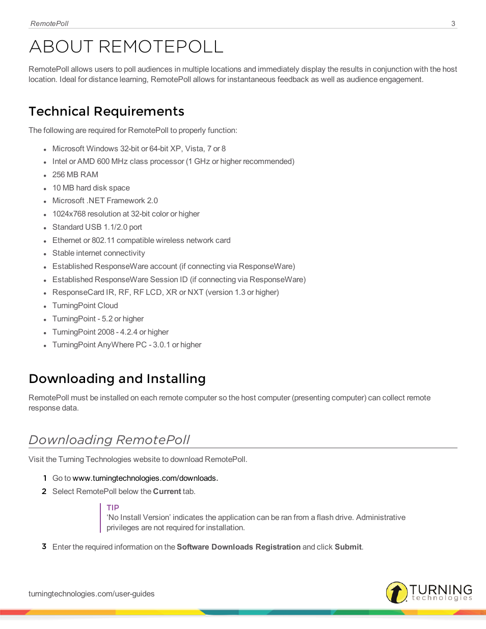 About remotepoll, Technical requirements, Downloading and installing | Downloading remotepoll | Turning Technologies RemotePoll User Manual | Page 3 / 20