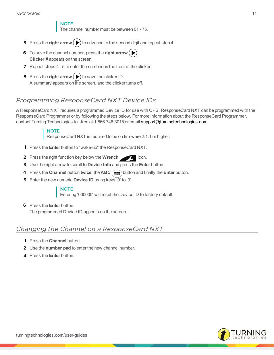 Programming responsecard nxt device ids, Changing the channel on a responsecard nxt | Turning Technologies CPS User Manual | Page 11 / 79