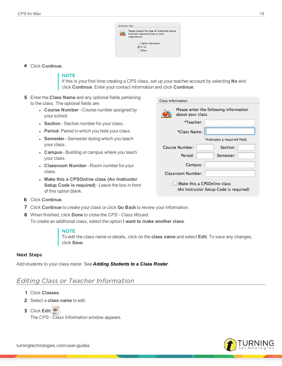 Editing class or teacher information | Turning Technologies CPS User Manual | Page 15 / 79